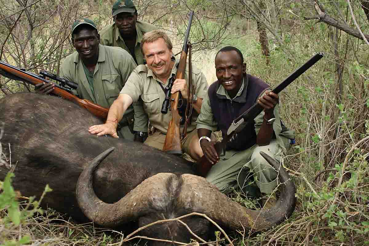Terry is shown here in Tanzania’s Rift Valley with one of two Cape buffalo he shot within a few minutes of each other with a .450 Ackley loaded with 500-grain Swift A-Frames.